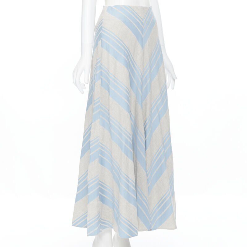 LEE MATTHEWS light grey blue striped linen cotton flared midi casual skirt US0