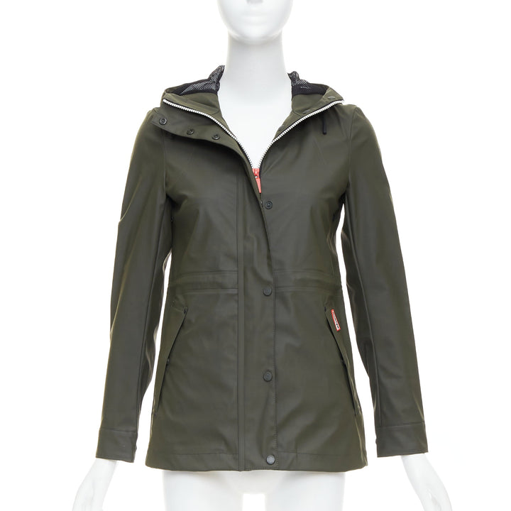 HUNTER Original dark olive green rubberized white zip rain jacket XXS