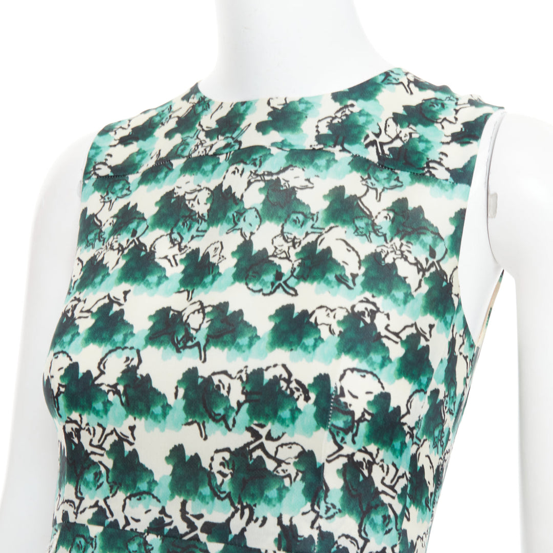 TANYA TAYLOR green cream silk abstract print sleeveless A-line dress US0 XS