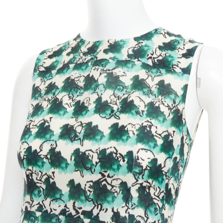 TANYA TAYLOR green cream silk abstract print sleeveless A-line dress US0 XS