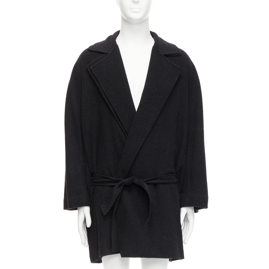 HERMES Vintage dark grey double faced cashmere dual collar belted coat EU48 M