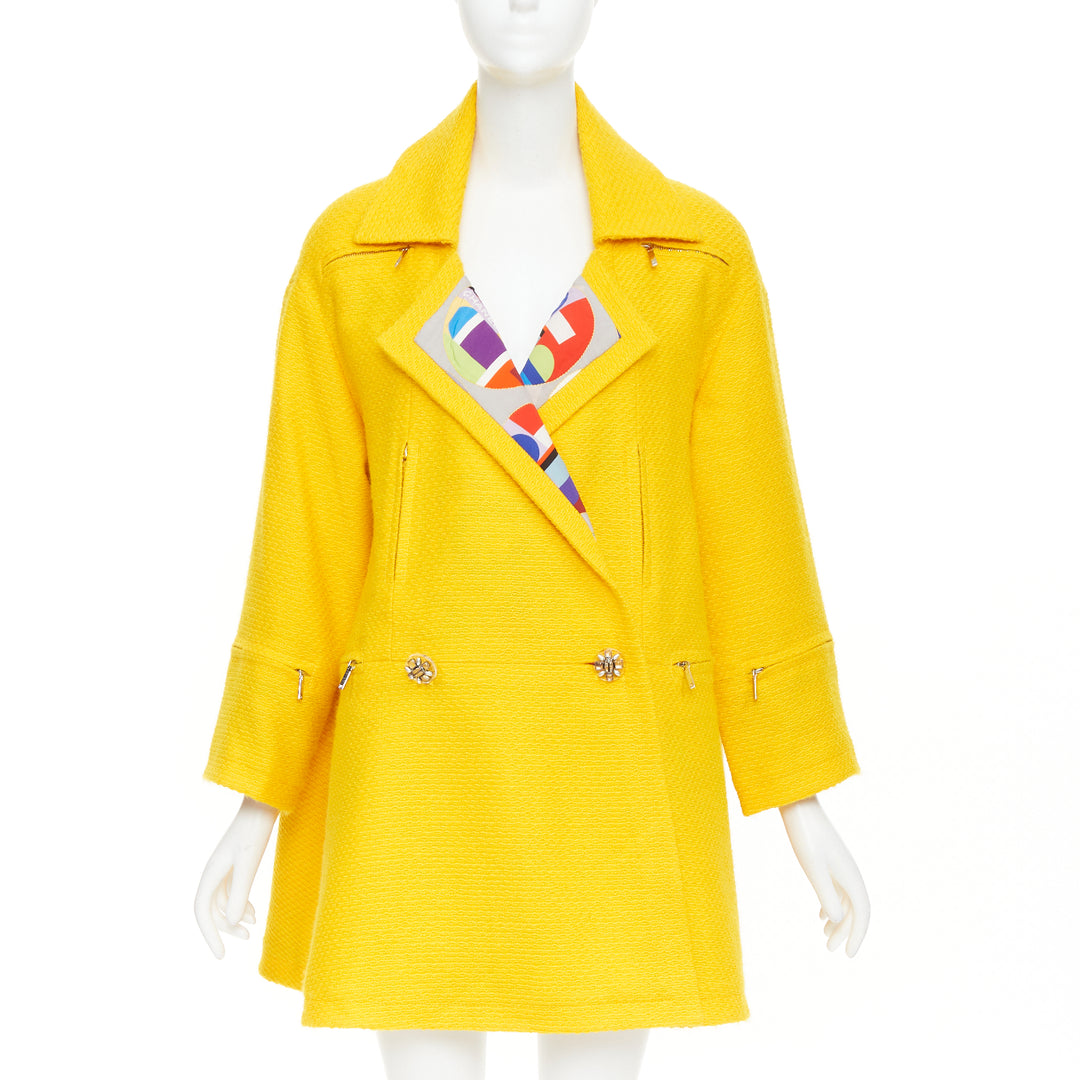 CHANEL 14A Supermarket Runway yellow wool tweed lining swing pea coat FR36 S