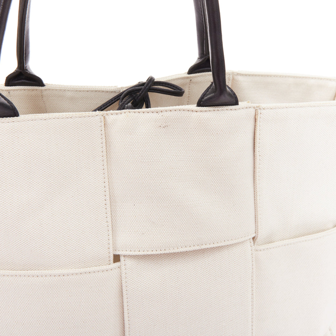 BOTTEGA VENETA Large Arco Intrecciato weave off white canvas black leather tote
