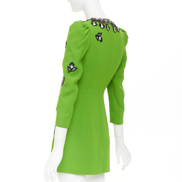 ANDREW GN apple green black silver sequinned badges bejewelled dress FR34 XS