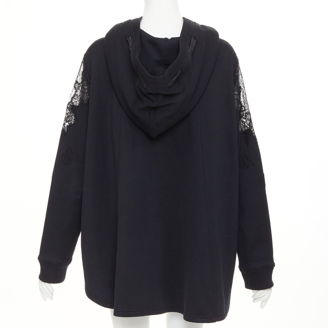 VALENTINO black cotton sheer floral lace panel floral applique half zip hoodie M