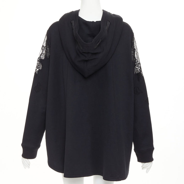 VALENTINO black cotton sheer floral lace panel floral applique half zip hoodie M