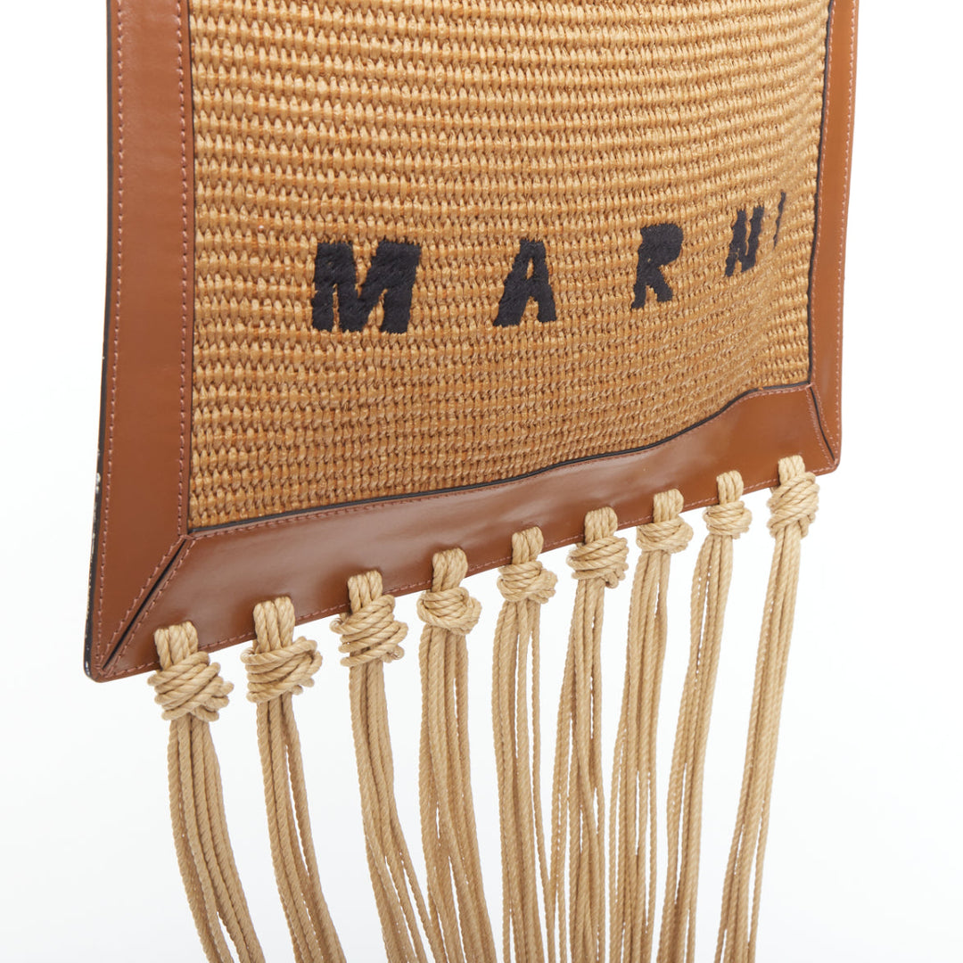 MARNI brown raffia fringe leather trim black logo crossbody bag