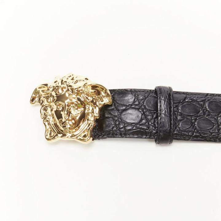 VERSACE $1200 La Medusa gold buckle black scaled leather belt 105cm 40-44"