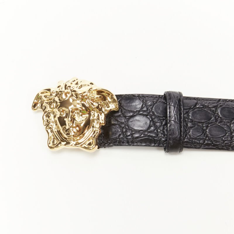 VERSACE $1200 La Medusa gold buckle black scaled leather belt 80cm 30-34"