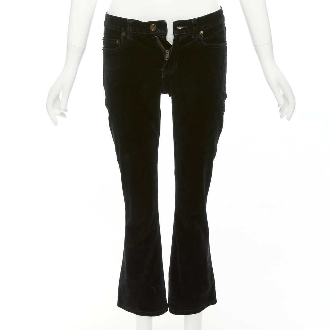 SAINT LAURENT 2018 black cotton blend velvet mid waist flare cropped pants 25"