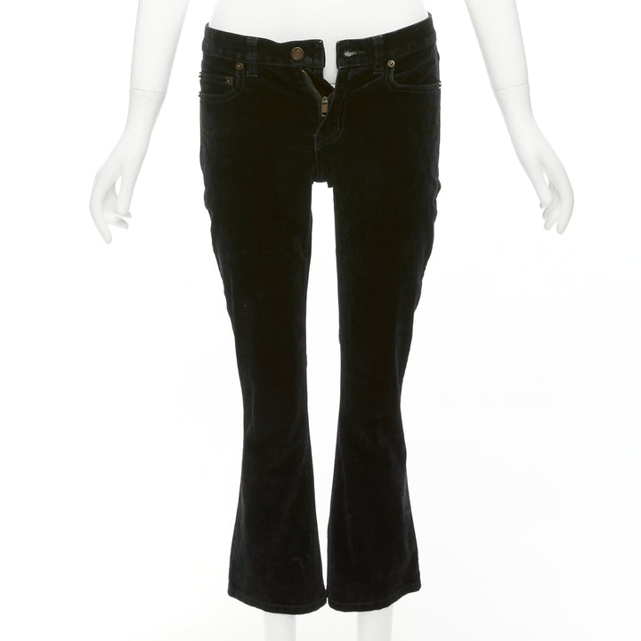 SAINT LAURENT 2018 black cotton blend velvet mid waist flare cropped pants 25"