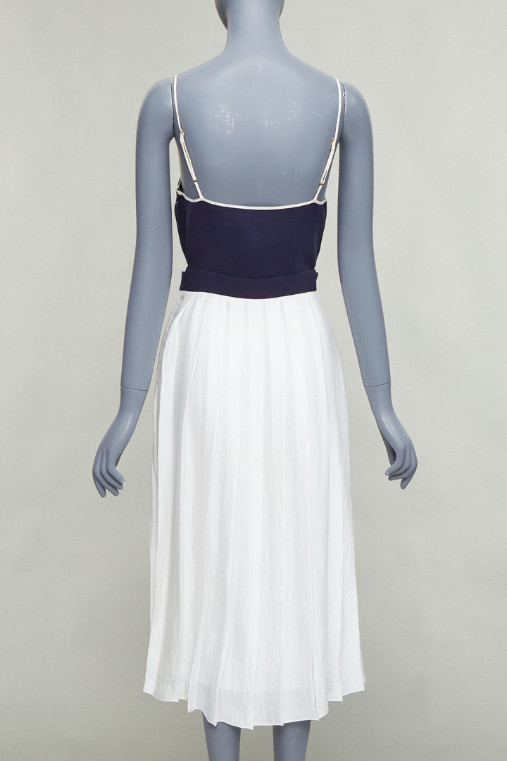 VVB VICTORIA BECKHAM navy white pleated buttoned strappy midi dress