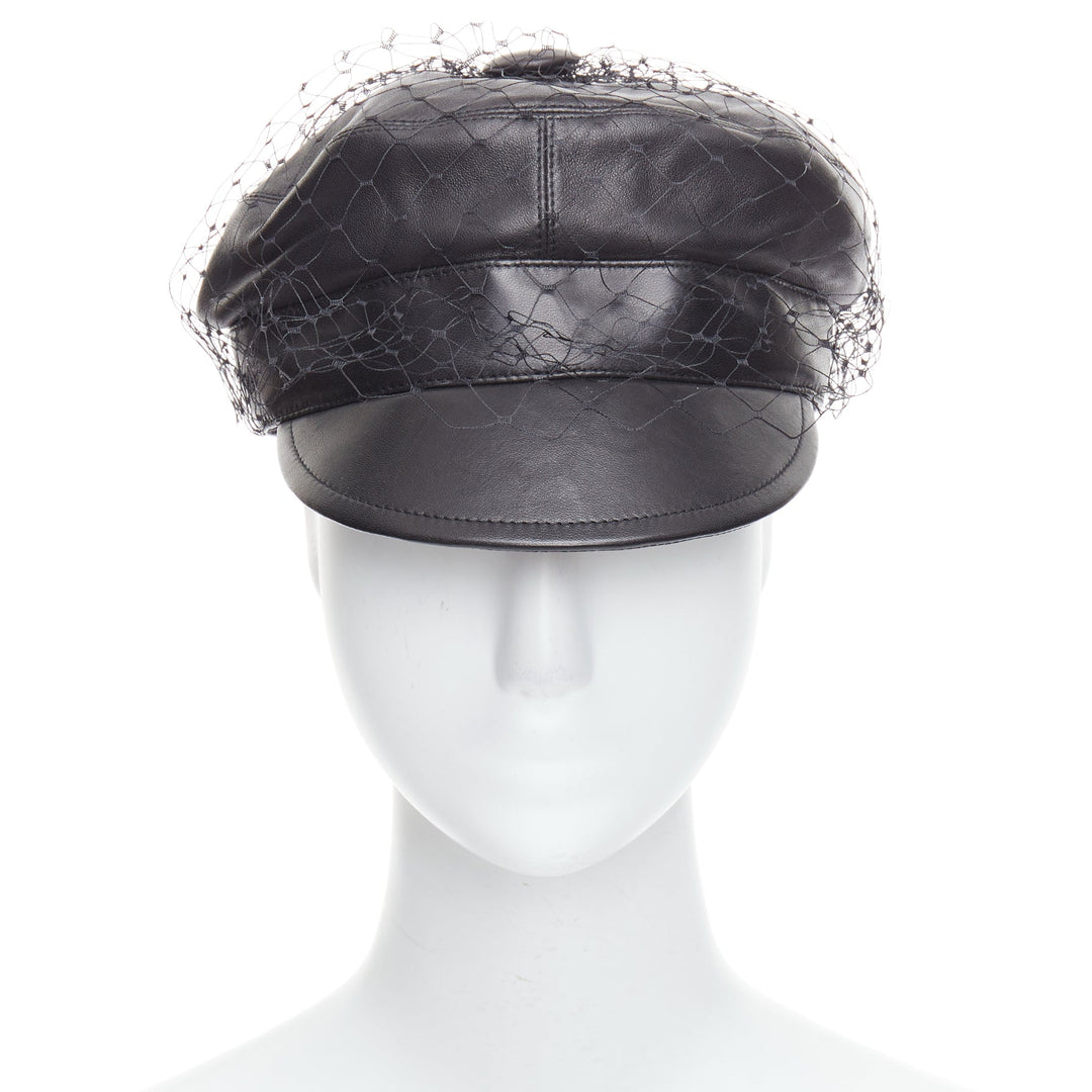 DIOR Arty black soft leather mesh veil CD bee lined newsboy hat