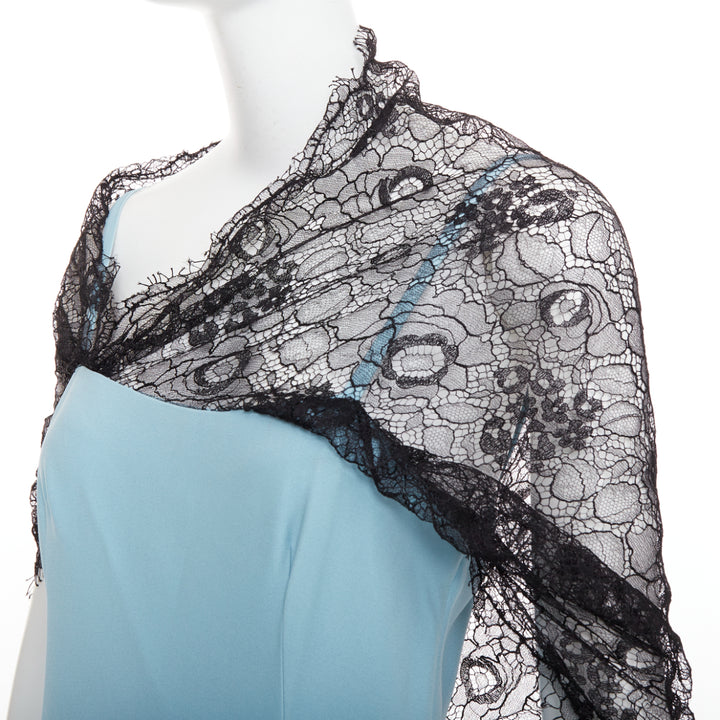 PRADA 2019  light blue black draped lace floral bouquet applique gown IT42 M