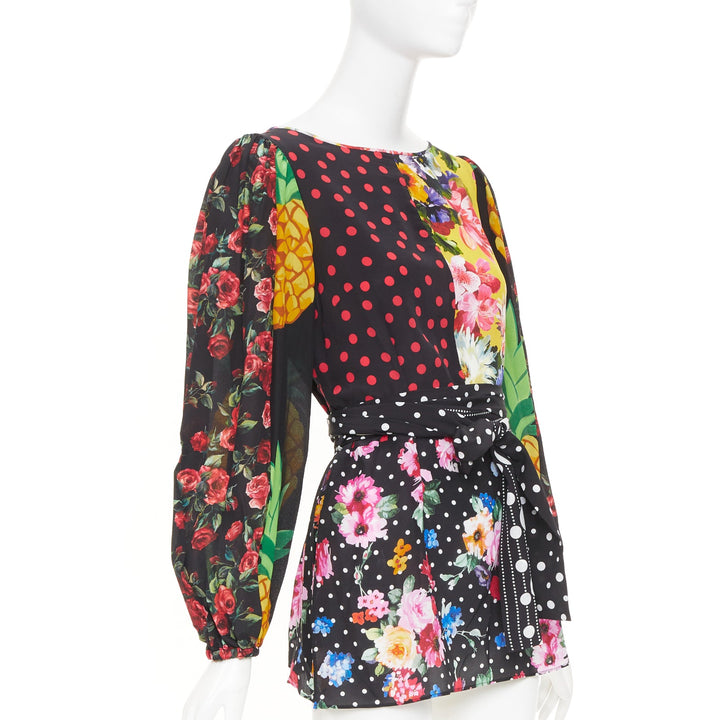 DOLCE GABBANA 2021 Runway patchwork floral pineapple polka dot silk top IT38 XS