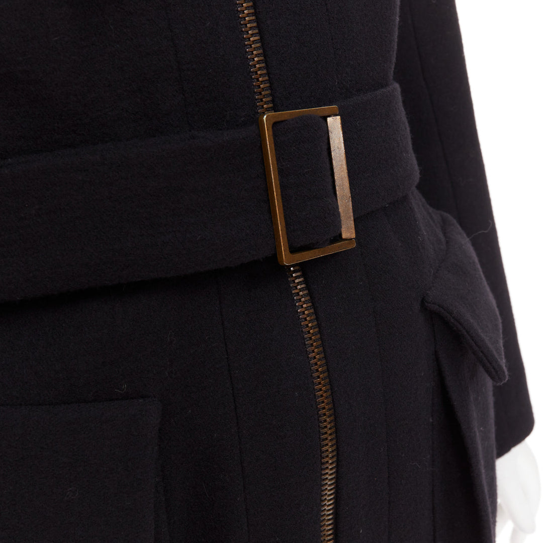 LANVIN 2003 black wool cargo pocket belted high neck zip front long coat FR36 S