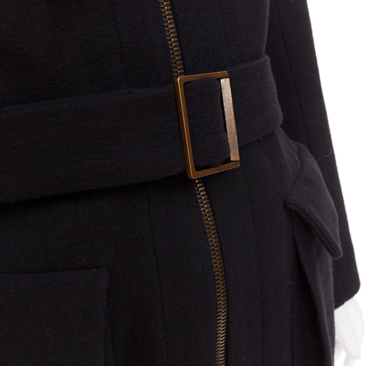 LANVIN 2003 black wool cargo pocket belted high neck zip front long coat FR36 S