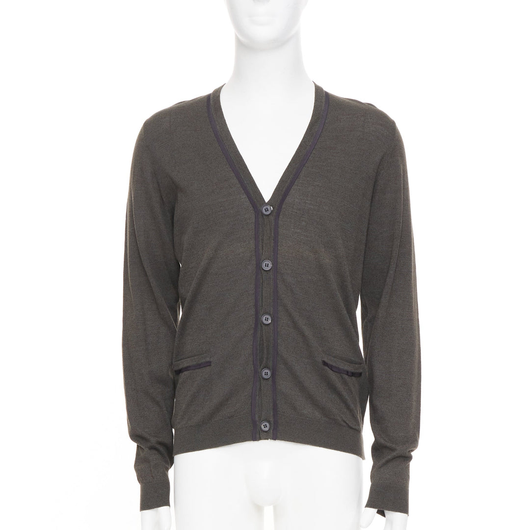 LANVIN 2015 grosgrain trim v-neck cotton merino wool button knit cardigan S