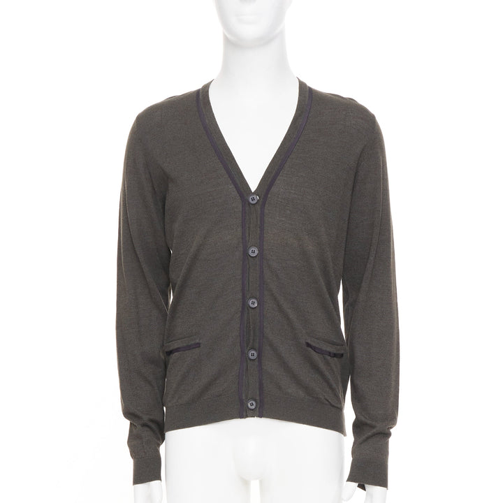 LANVIN 2015 grosgrain trim v-neck cotton merino wool button knit cardigan S