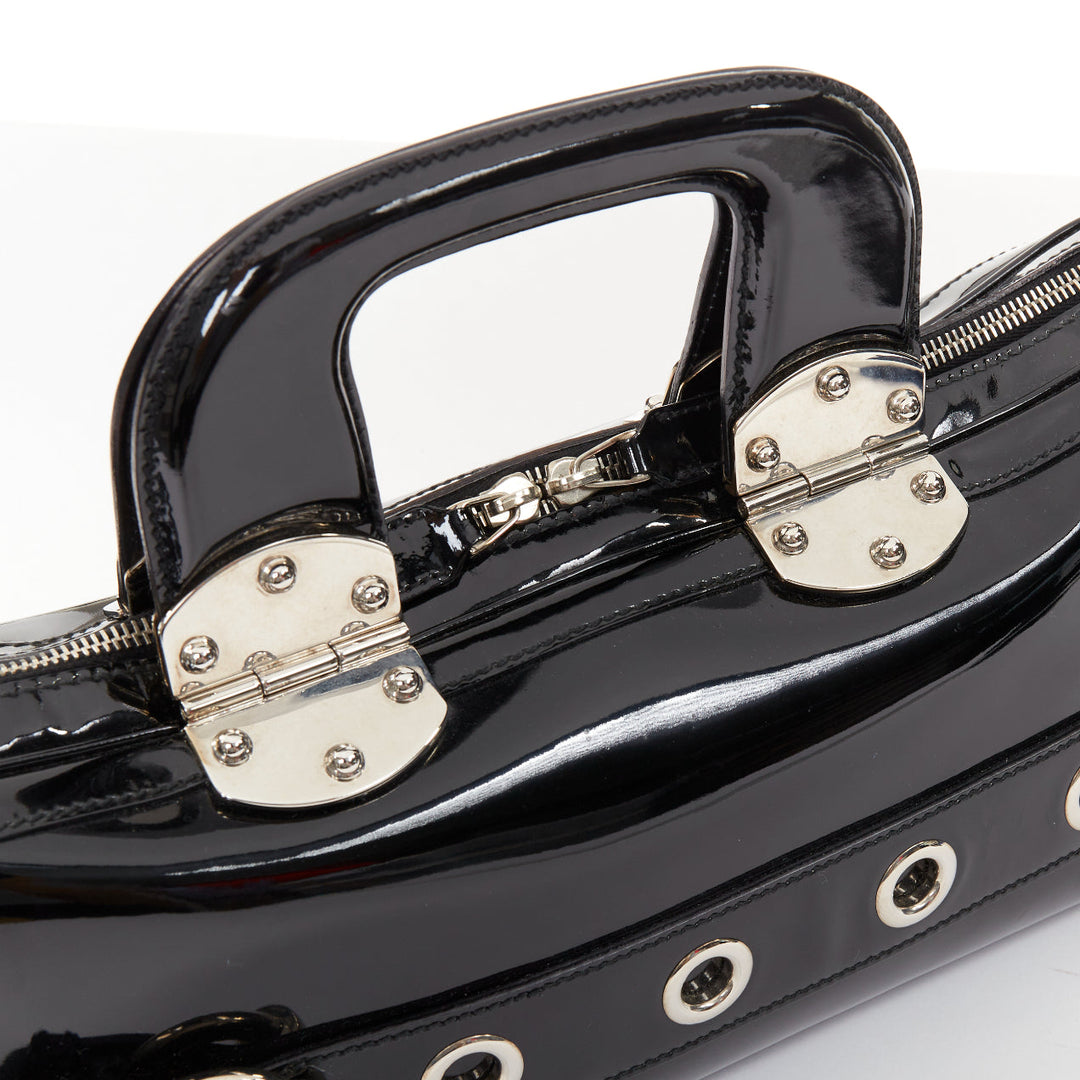 GUCCI 2004 Vintage Tom Ford black patent leather silver buckle grommet bag