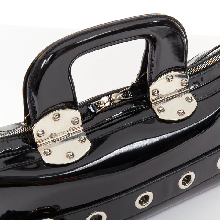 GUCCI 2004 Vintage Tom Ford black patent leather silver buckle grommet bag