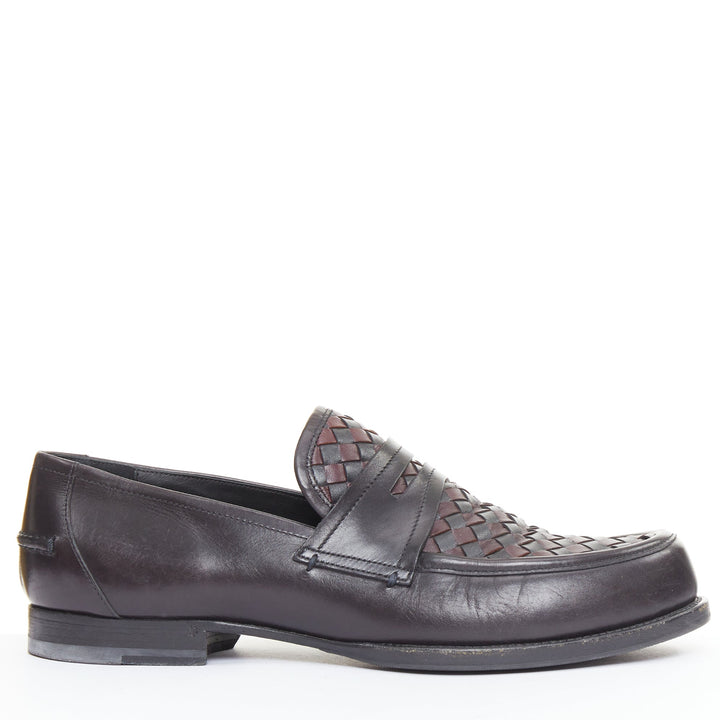 BOTTEGA VENETA Intrecciato black burgundy woven leather penny loafers EU43