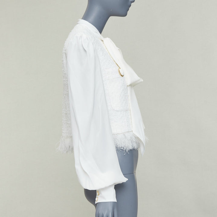 BALMAIN 2024 cream tweed silk sleeves gold lion buttons feather jacket FR36 S