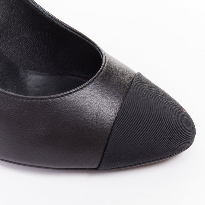 CHANEL 2018 Egypt Hieroglyphic  black leather grosgrain toe cap pumps EU36.5