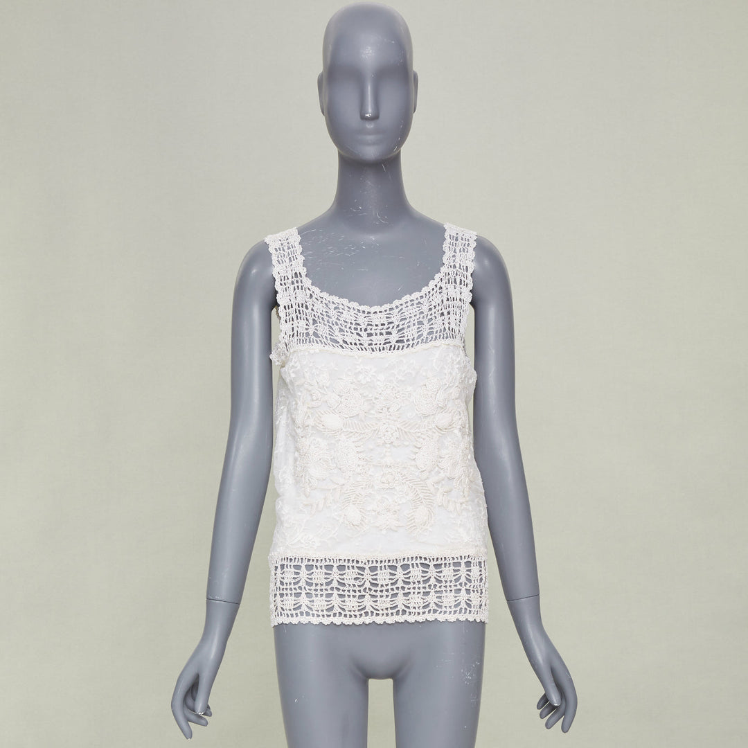 ADAM JONES 2000s floral openwork lace applique beige crochet knit tank M