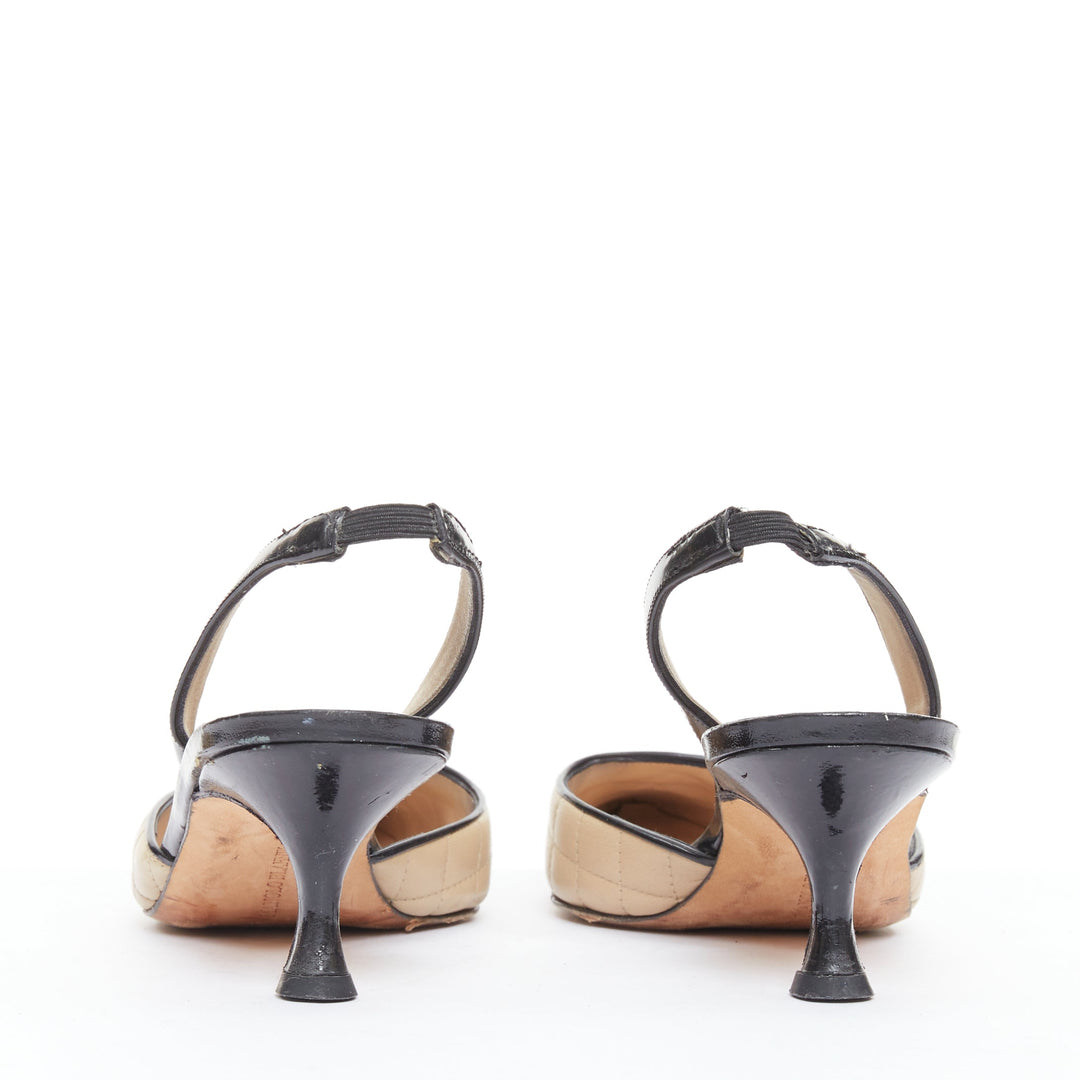 MANOLO BLAHNIK nude quilted leather stitch black toe cap slingback heel EU39