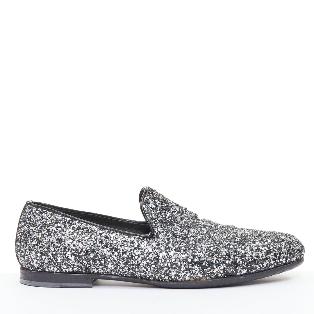 JIMMY CHOO Marlo silver coarse glitter almond toe mens evening loafer shoes EU43