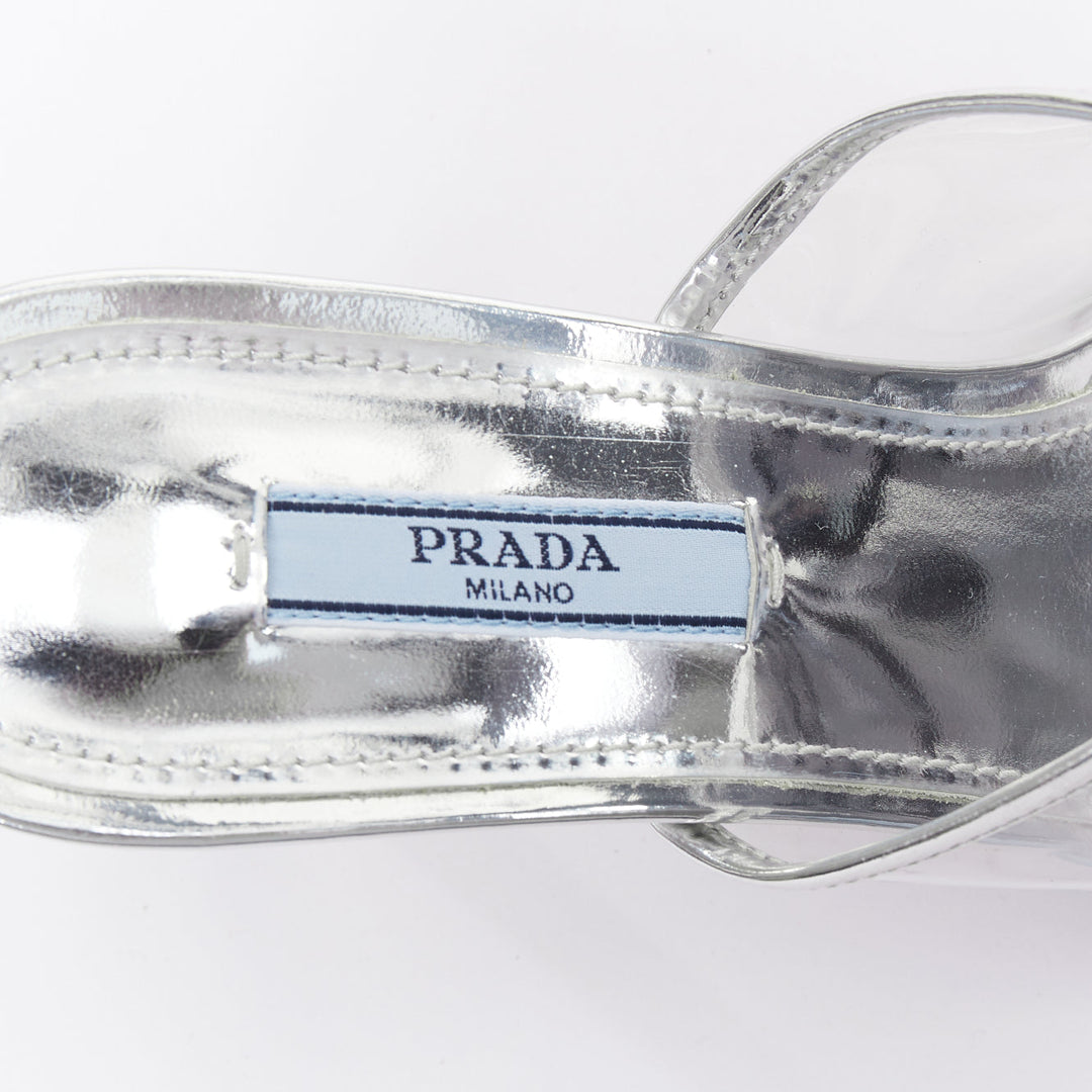 PRADA Plexiglass logo print clear PVC triangle toe mule heels EU37.5