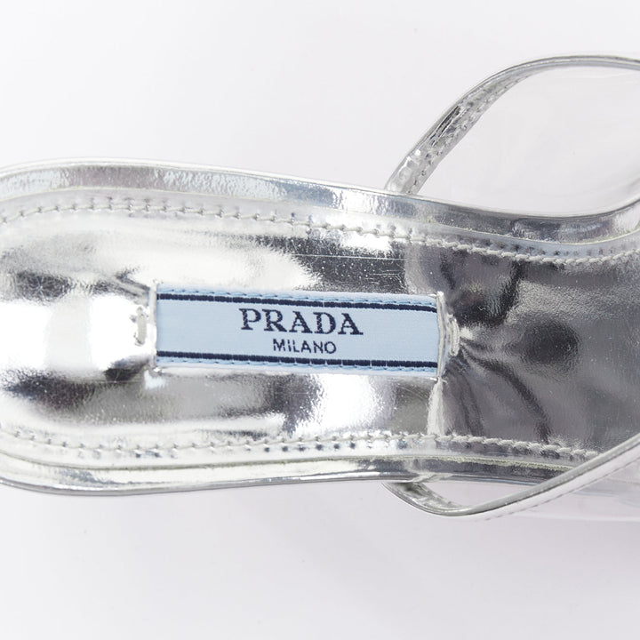 PRADA Plexiglass logo print clear PVC triangle toe mule heels EU37.5