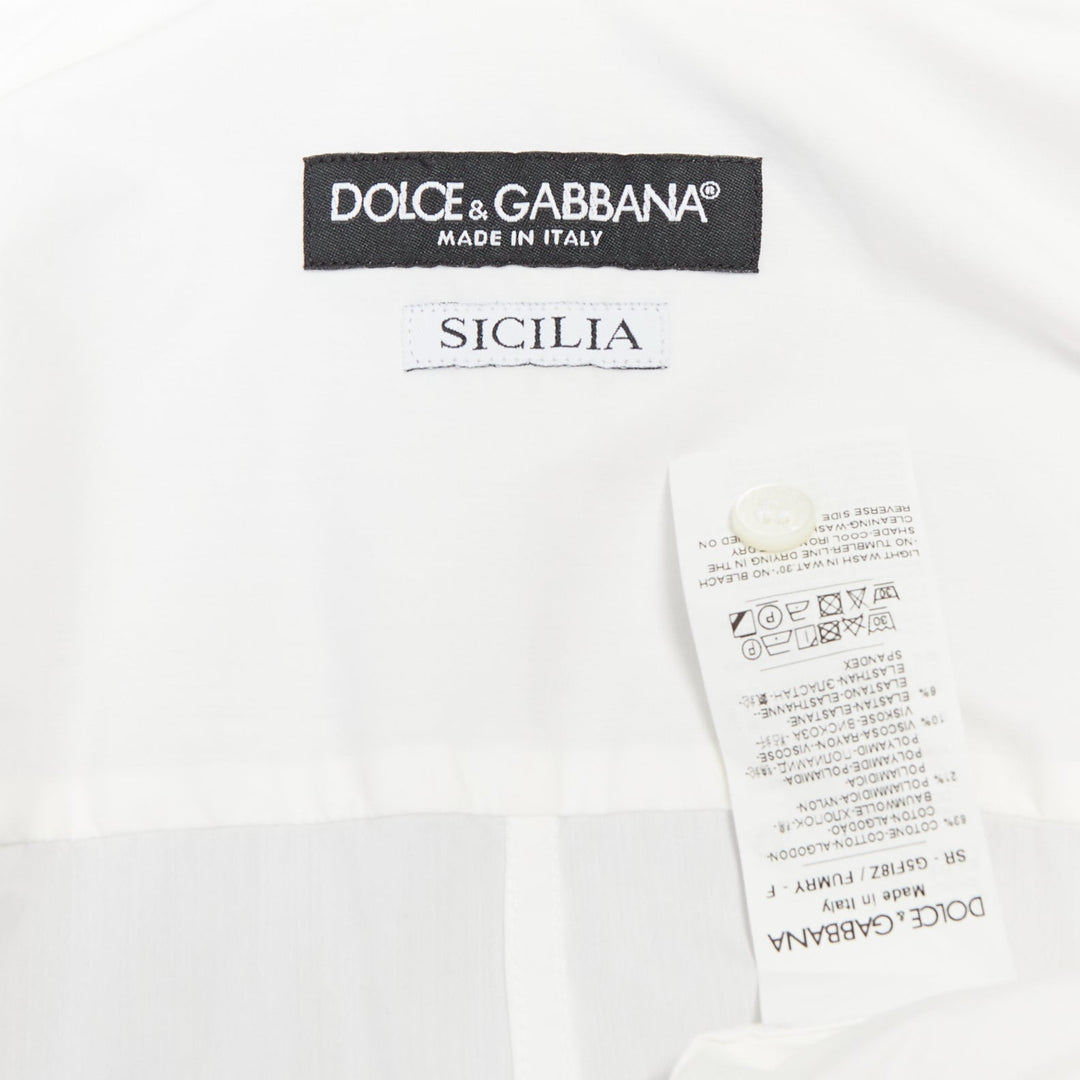 DOLCE GABBANA Sicilia white cotton black logo pleat sleeves shirt EU37 XS