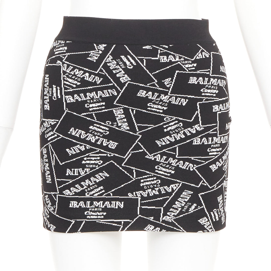 BALMAIN 2025 Label Jacquard Knit black white logo box intarsia skirt FR34 XS