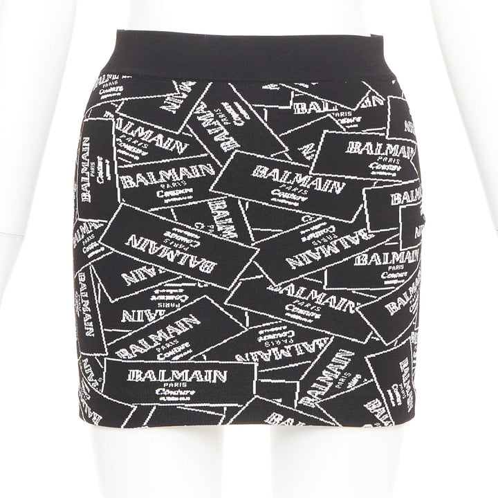 BALMAIN 2025 Label Jacquard Knit black white logo box intarsia skirt FR34 XS