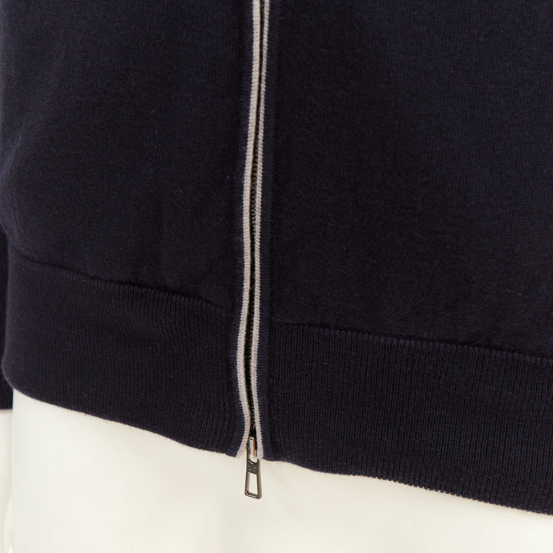 LORO PIANA navy cotton cashmere knit silver zip front hooded sweater hoodie M