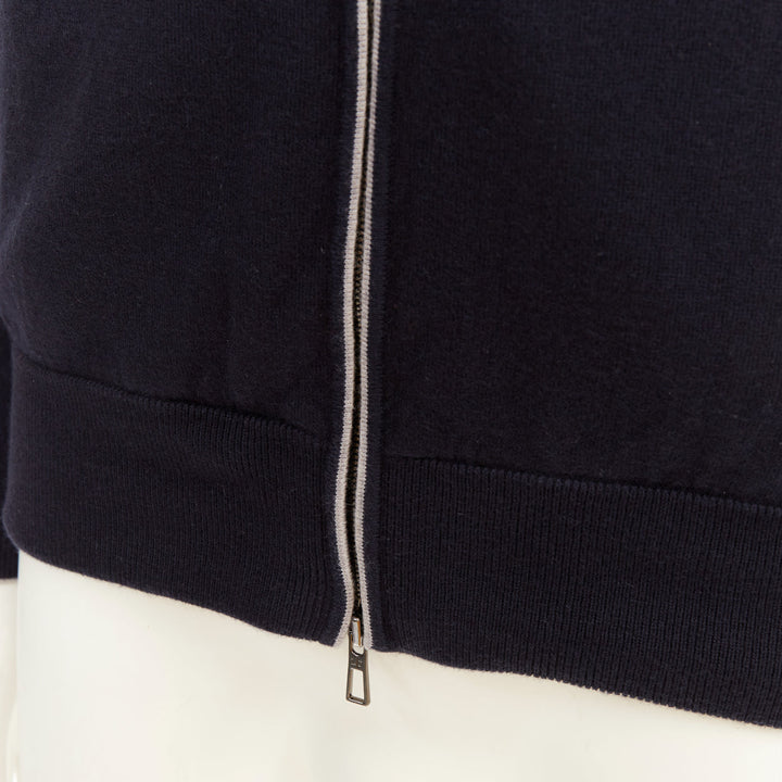 LORO PIANA navy cotton cashmere knit silver zip front hooded sweater hoodie M