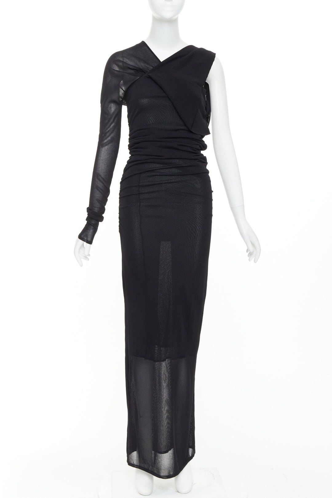SAINT LAURENT 2023 black viscose ruched one shoulder semi sheer dress XS