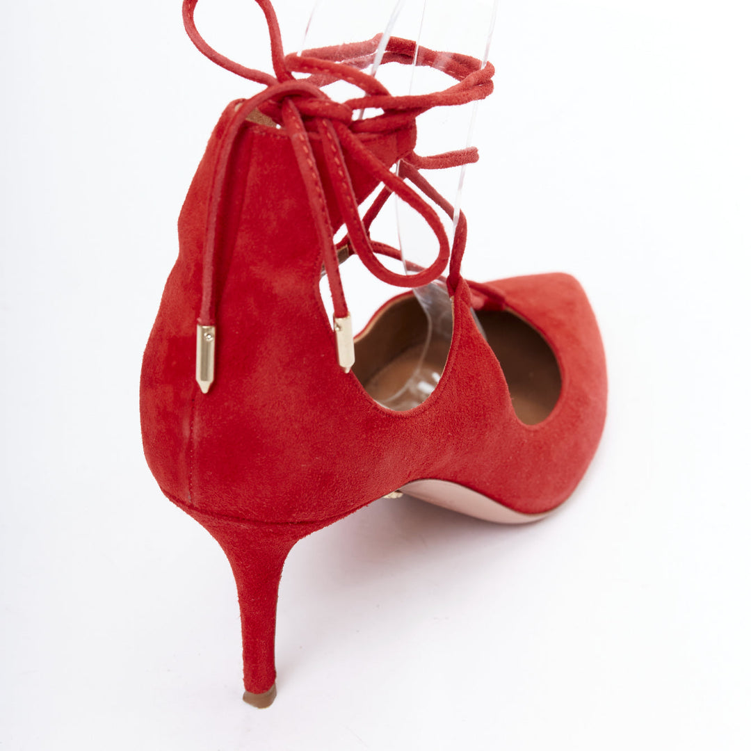 AQUAZZURA Christy 75 red suede leather lace up mid pumps EU39.5