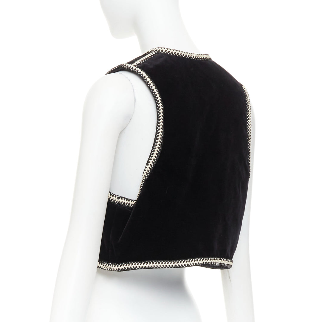 CELINE black cotton velvet gold braided weave trim cropped gilet vest FR38 M