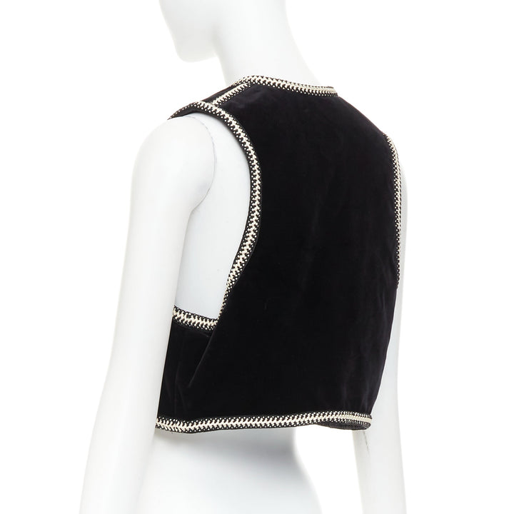 CELINE black cotton velvet gold braided weave trim cropped gilet vest FR38 M