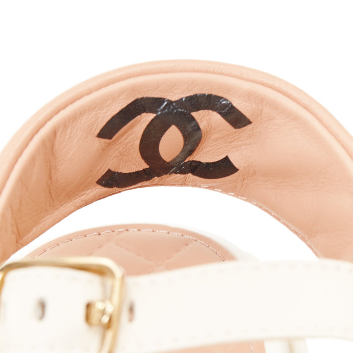 CHANEL 2023 white quilted canvas CC logo flatform strappy dad sandals EU38