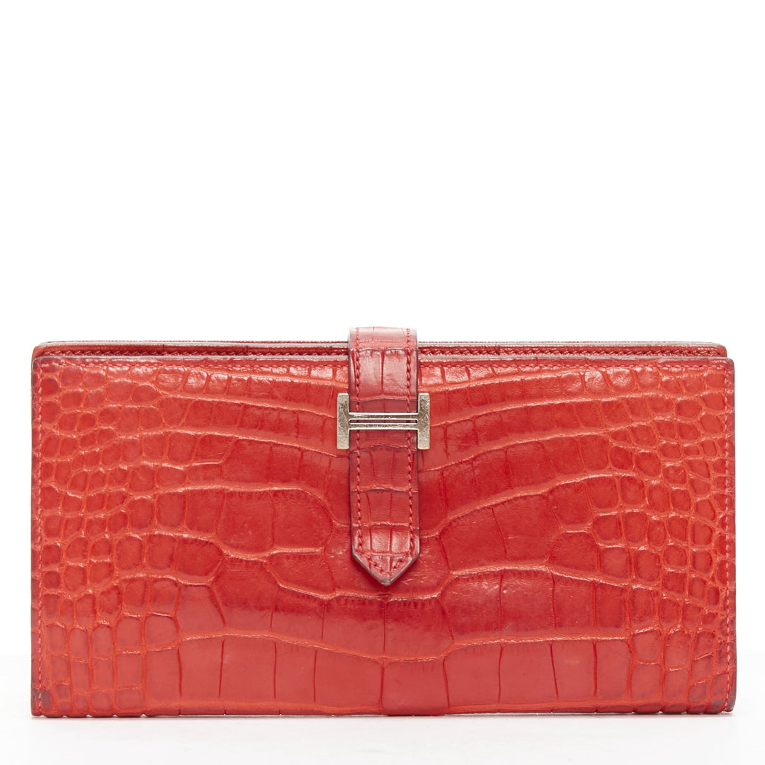 HERMES Bearne red scaled leather silver H logo long wallet