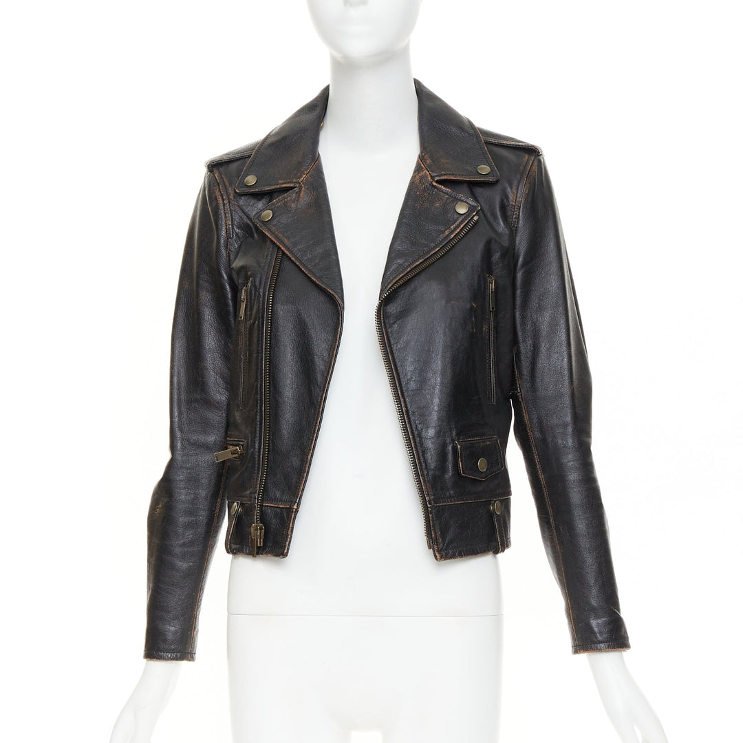 SAINT LAURENT 2017 Thunder Studded brown distressed calfskin moto jacket FR38 M