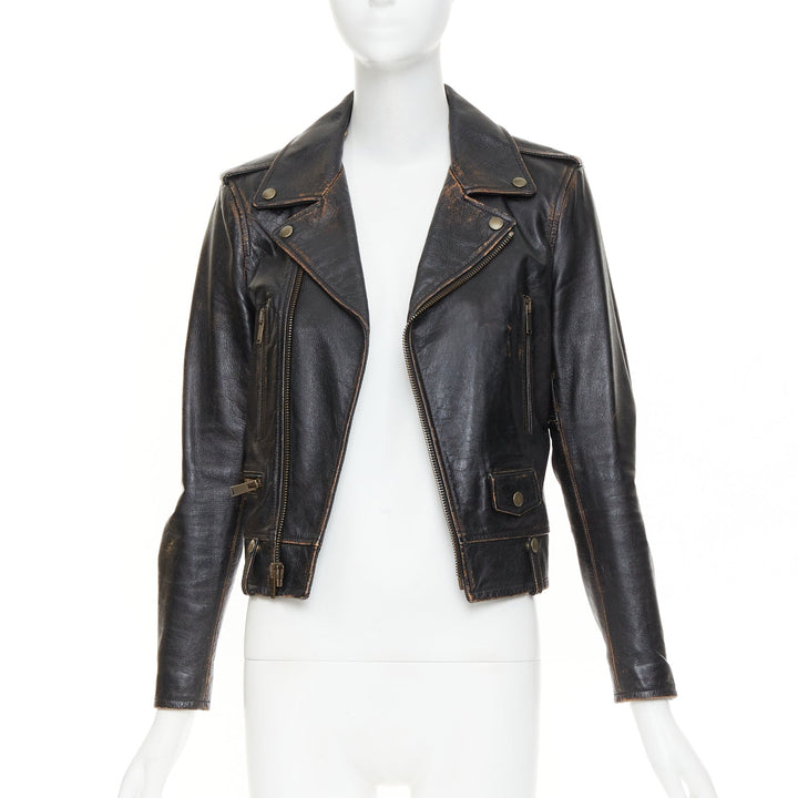SAINT LAURENT 2017 Thunder Studded brown distressed calfskin moto jacket FR38 M