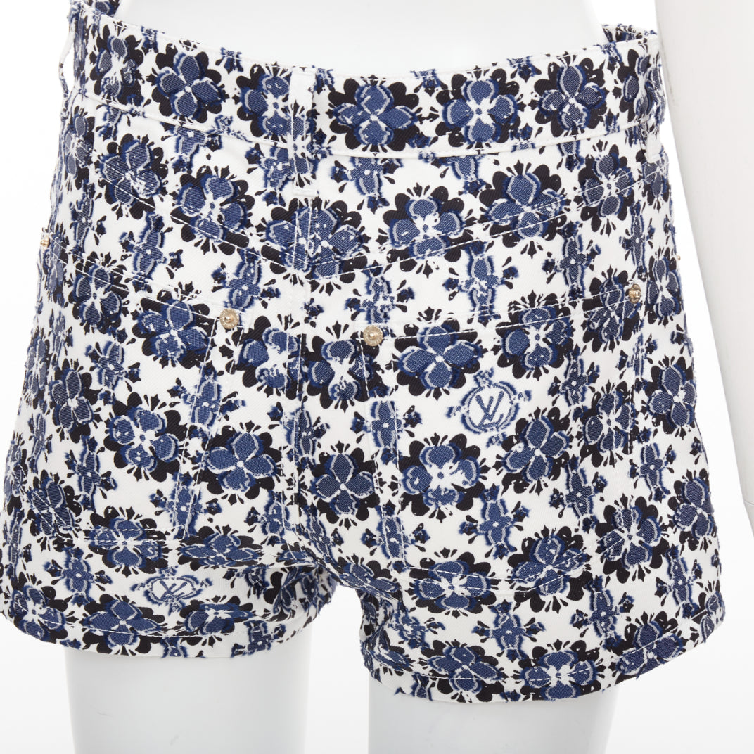 LOUIS VUITTON Flower Mosaic blue white logo floral print cotton shorts FR34 XS