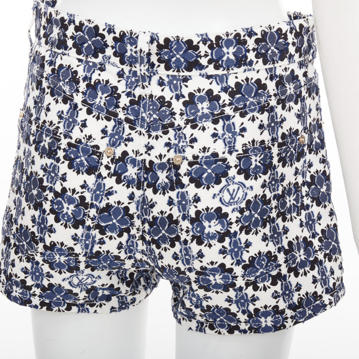 LOUIS VUITTON Flower Mosaic blue white logo floral print cotton shorts FR34 XS