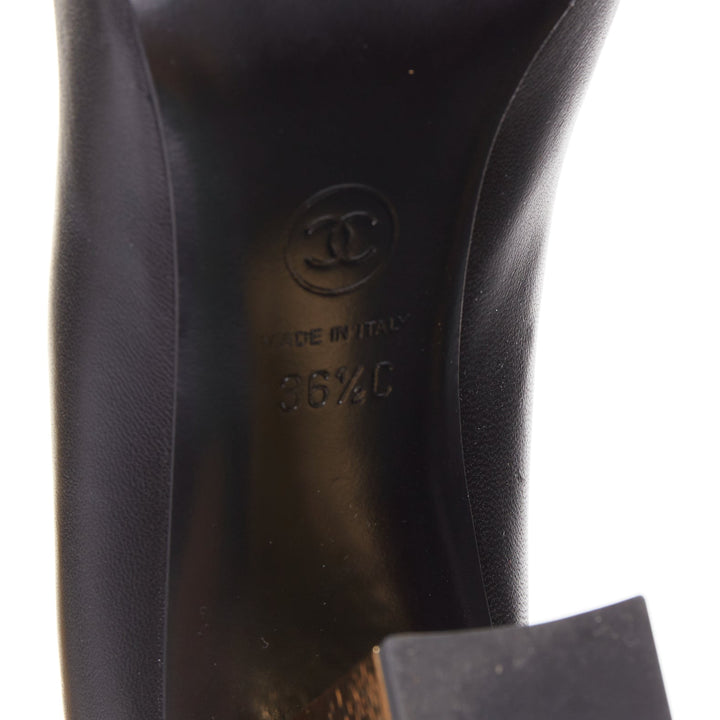 CHANEL 2018 Egypt Hieroglyphic  black leather grosgrain toe cap pumps EU36.5