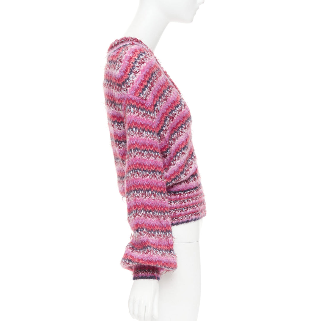 CHANEL 22A pink alpaca blend striped loose knit Vneck CC logo sweater FR38 M
